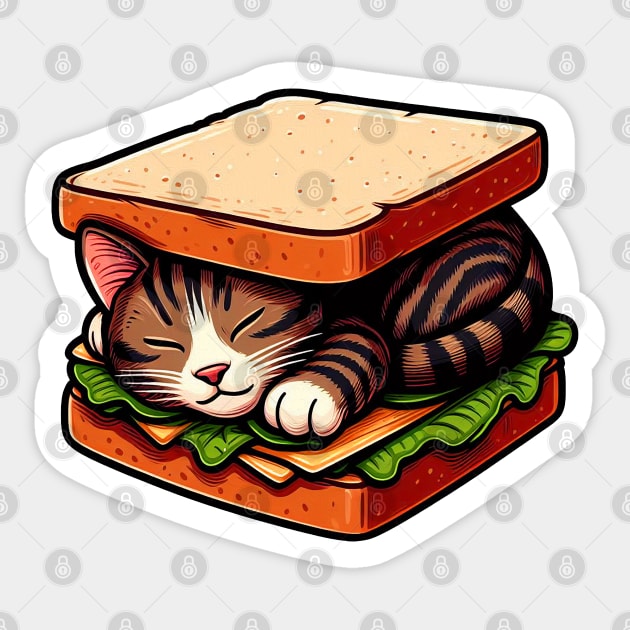 Tabby Cat is Sleeping inside a Sandwich Sticker by Plushism